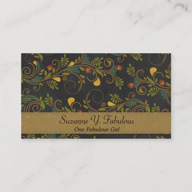 Black and Gold Colourful Flower Vines Business Card (Front)