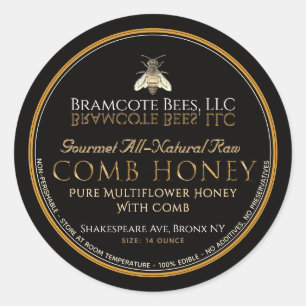 Black and Gold Comb Honey Label Vintage Bee