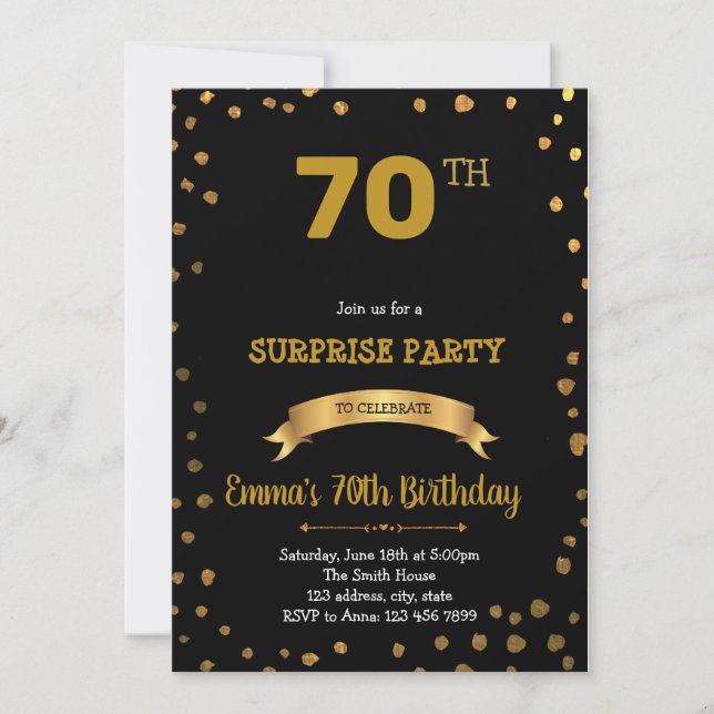 Black and gold confetti birthday invitation (Front)