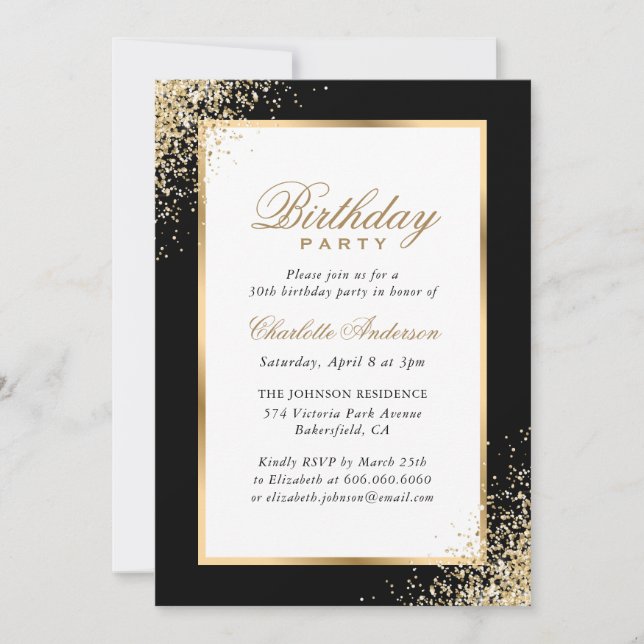 Black and Gold Confetti Birthday Party Invitation (Front)