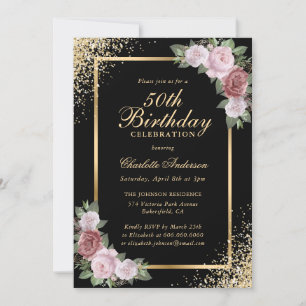 Black and Gold Confetti Blush Floral 50th Birthday Invitation