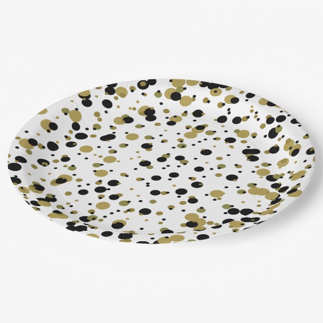 Black and Gold Confetti Dot Pattern Modern Simple Paper Plate (Angled)