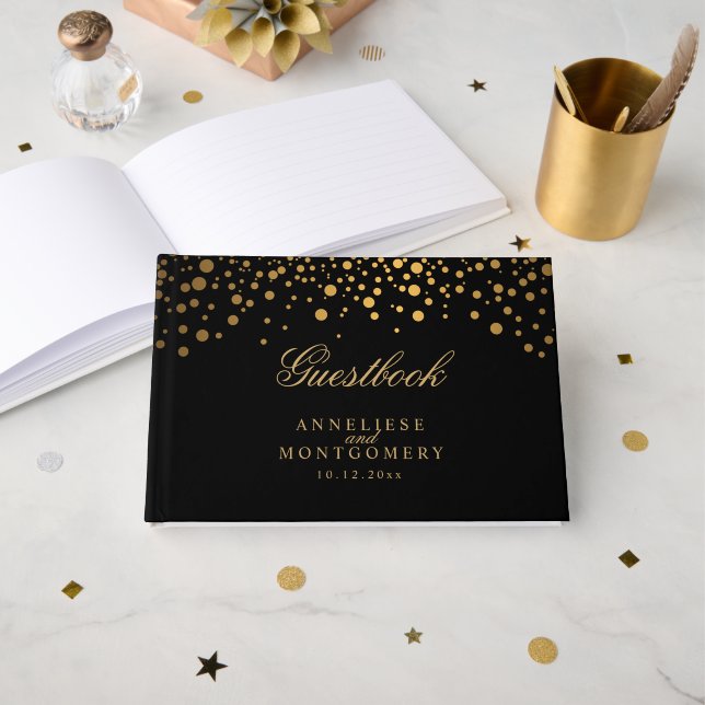 Black and Gold Confetti Dots Guest Book (Front Open)
