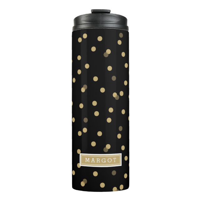 Black and Gold Confetti Dots Monogram Thermal Tumbler (Front)