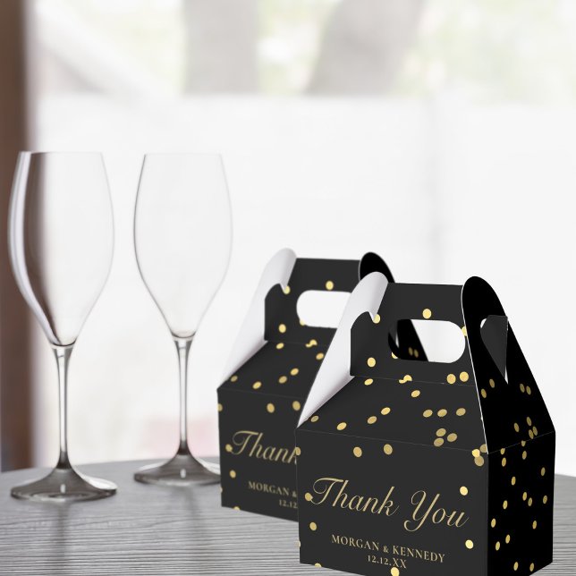 Black and Gold Confetti Elegant Thank You Wedding Favour Box (Elegant black and gold favor boxes with space for your name and initials)