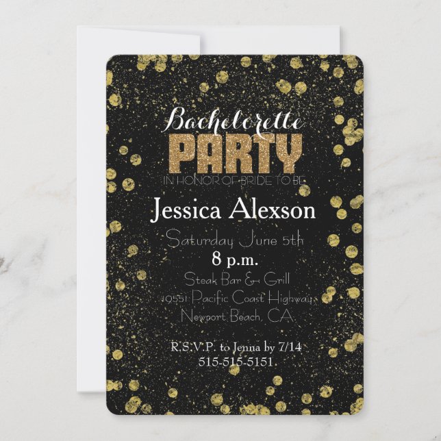Black and Gold Confetti Faux Glitter Bachelorette Invitation (Front)