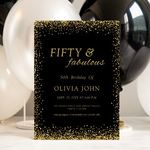 Black and Gold Confetti Fifty & Fabulous Birthday Invitation