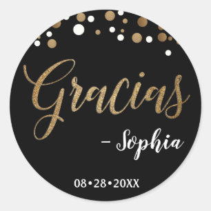 Black and Gold Confetti Gracias Thank You birthday Classic Round Sticker