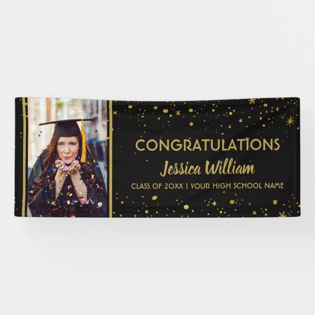 Black And Gold Confetti Graduate Photo Graduation  Banner (Horizontal)