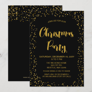 Black and Gold confetti Modern Christmas Party Invitation