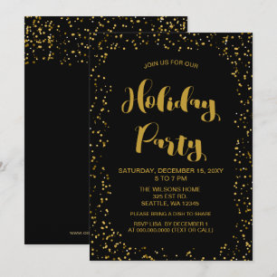 Black and Gold confetti Modern holiday Party Invitation
