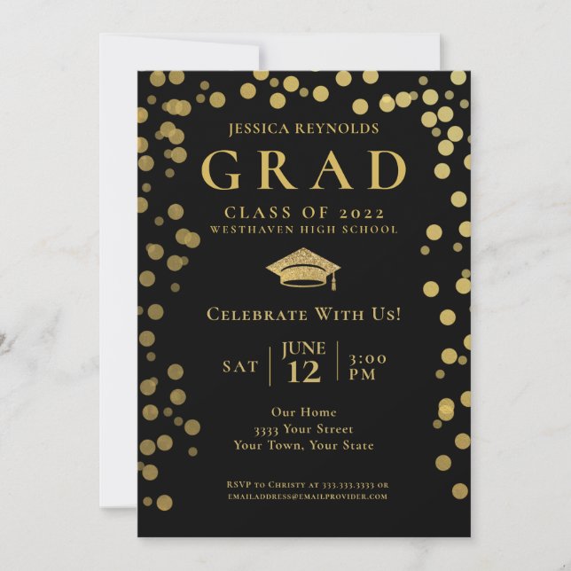 Black and Gold Confetti Photo Graduation Party  Invitation (Front)