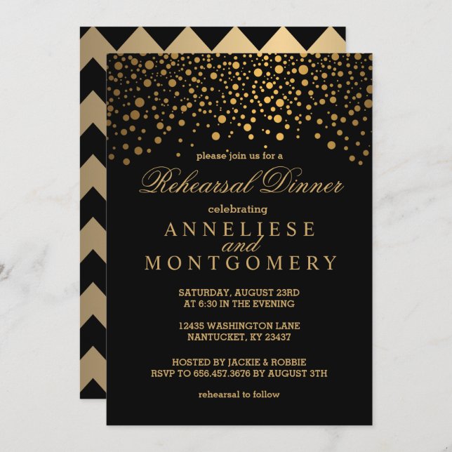 Black and Gold Confetti Rehearsal Dinner Invitation (Front/Back)