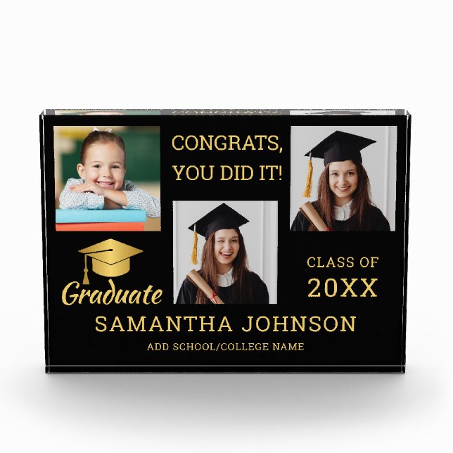 Black And Gold Congrats Grad 2025 3 Image Collage Photo Block (Front)