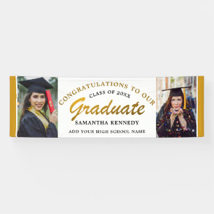 Black And Gold Congrats Grad 2 Photo Graduation Banner