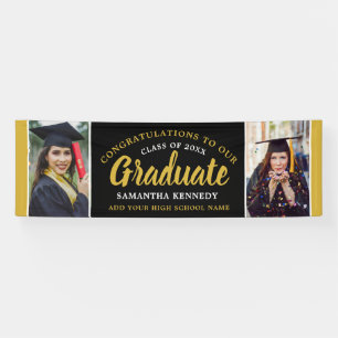 Black And Gold Congrats Grad 2 Photo Graduation Banner