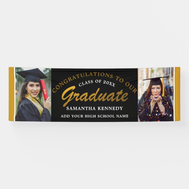 Black And Gold Congrats Grad Two Photo Graduation Banner (Horizontal)