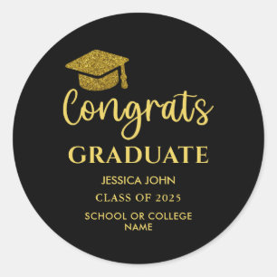 Black and Gold Congrats Graduate Graduation  Classic Round Sticker