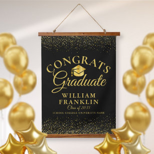 Black And Gold Congrats Graduate Graduation Hanging Tapestry