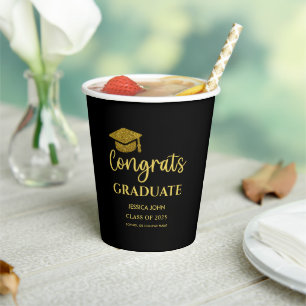 Black and Gold Congrats Graduate Graduation  Paper Cups