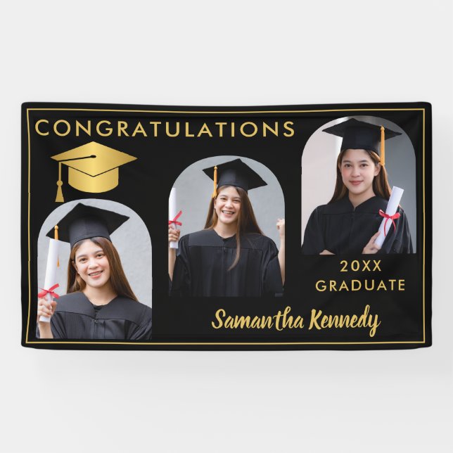 Black And Gold Congratulations 3 Photo Graduation Banner (Horizontal)