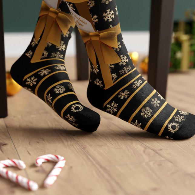 Black and Gold Coquette Bow Snowflake Stripe Socks (Give the gift of festive socks this Holiday Season. Just add your name!)