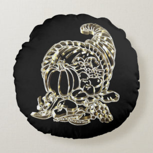 Black and Gold Cornucopia Happy Thanksgiving Round Cushion