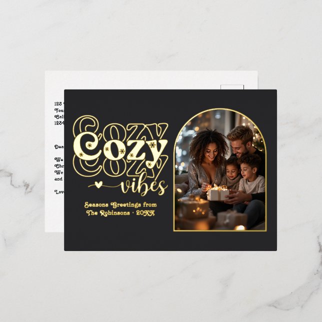 Black and Gold Cosy Vibes Retro Christmas Foil Holiday Postcard (Front/Back)