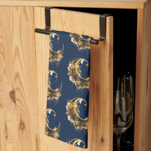 Black and Gold Crescent Moon Pattern Halloween Tea Towel