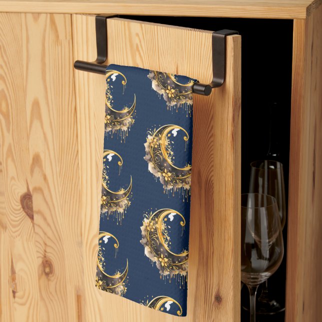 Black and Gold Crescent Moon Pattern Halloween Tea Towel (Thirds Fold)