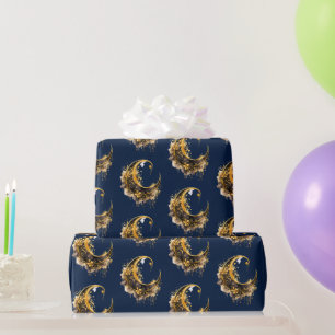 Black and Gold Crescent Moon Pattern Halloween Wrapping Paper