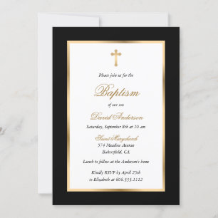 Black and Gold Cross Elegant Script Baptism Invitation