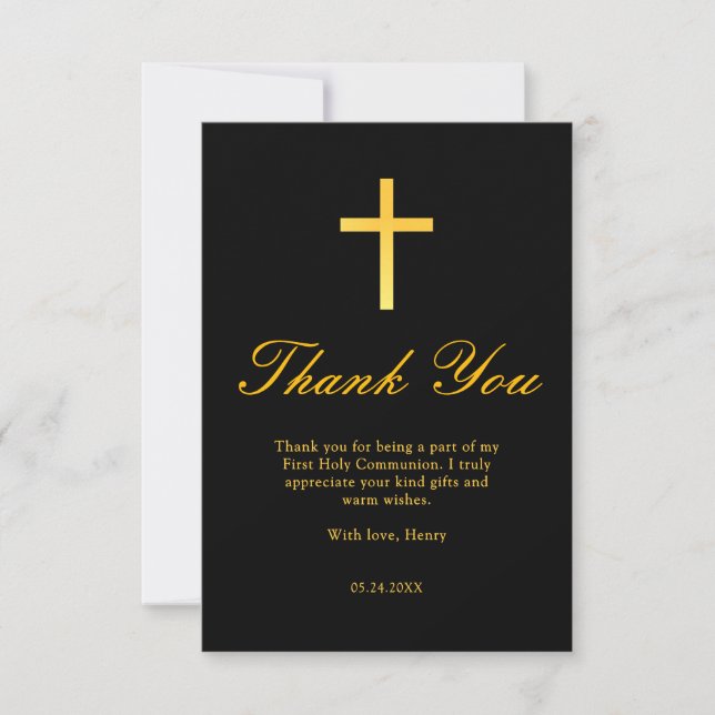 Black and Gold Cross First Communion Thank You Card (Front)