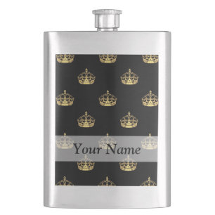 Black and gold crown pattern hip flask
