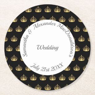 Black and gold crown wedding round paper coaster