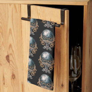 Black and Gold Crystal Ball Pattern Halloween Tea Towel