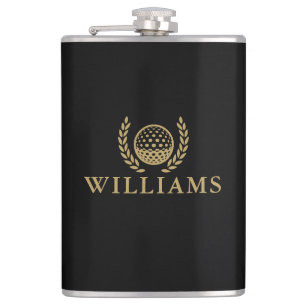 Black And Gold Custom Name Monogram Golf Ball Hip Flask