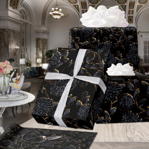 Black And Gold Dahlias Floral  Wrapping Paper Sheet