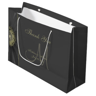 Black and Gold Daisy Monogram Thank You Large Gift Bag