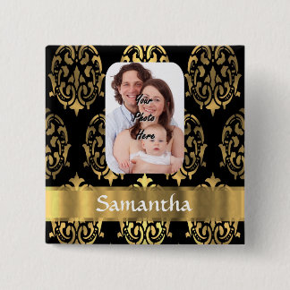 Black and gold damask 15 cm square badge