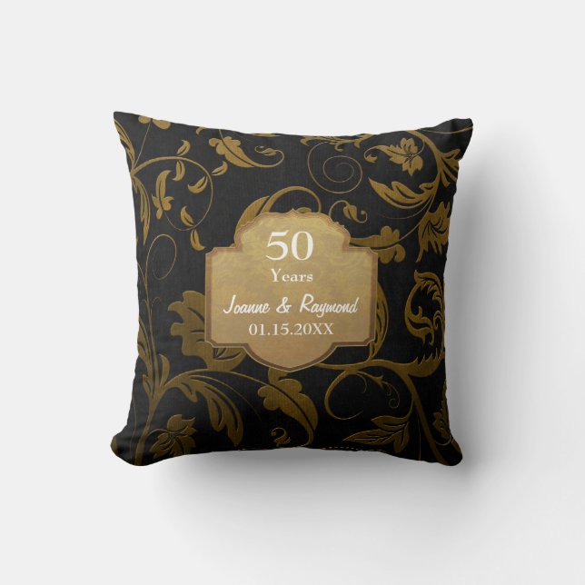 Black and Gold Damask 50th Wedding Anniversary Cushion (Front)