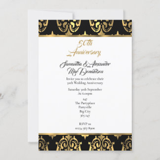 Black and gold damask 50th wedding anniversary invitation