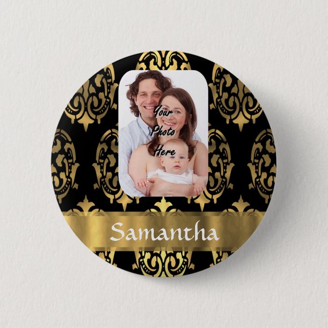 Black and gold damask 6 cm round badge (Front)