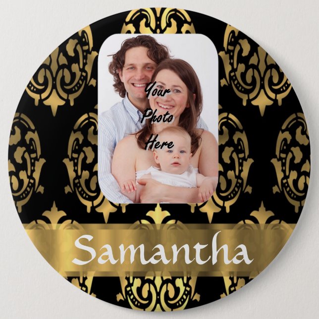 Black and gold damask 6 cm round badge (Front)
