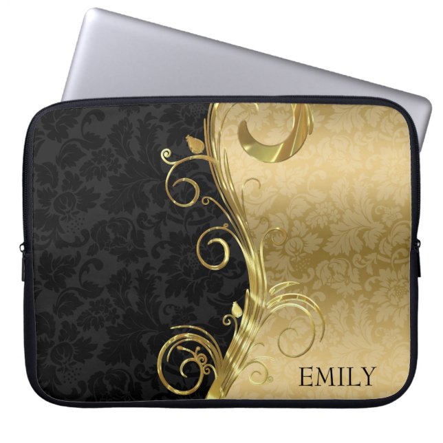 Black And Gold Damask And Swirls Laptop Sleeve (Front)
