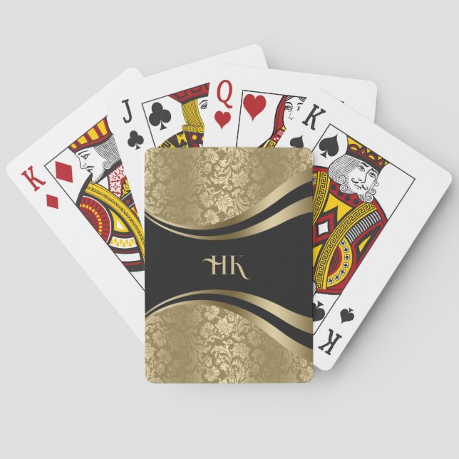 Black and gold damask dynamic lines design playing cards (Back)