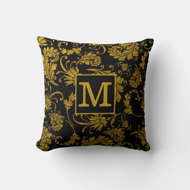 Black And Gold Damask Family Name Monogram Cushion (Front)