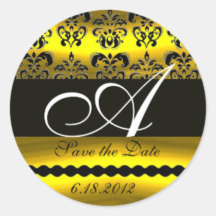 BLACK AND GOLD DAMASK MONOGRAM CLASSIC ROUND STICKER
