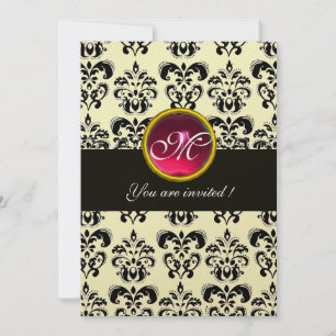 BLACK AND GOLD DAMASK MONOGRAM,red ruby,fuchsia Invitation