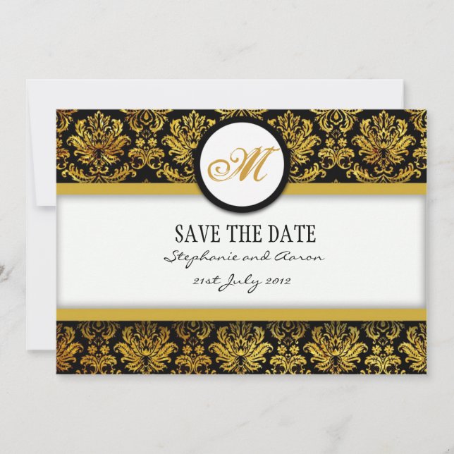 Black and Gold Damask Monogram Save The Date Card (Front)